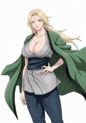 blonde_hair breasts brown_eyes cleavage closed_mouth daigo daigo_(doujin_artist) facial_mark feet_out_of_frame female female_focus floating_hair forehead_mark hand_on_hip highres jacket large_breasts legs light_smile long_hair looking_at_viewer nail_polish naruto naruto_(series) naruto_shippuden red_nails simple_background smile solo standing thighs tsunade twintails white_background