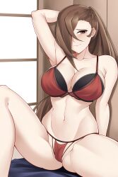 1girls armpits arms_up aslindsamure blush breasts brown_eyes brown_hair cleavage embarrassed eye_behind_hair female female_only fire_emblem fire_emblem_fates kagero_(fire_emblem) large_breasts panties ponytail red_panties solo underwear