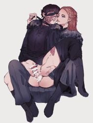 1boy 1futa a_song_of_ice_and_fire canon_couple censored erection facial_scar fur_collar futadom futanari game_of_thrones husband_and_wife imminent_sex male malesub no_underwear one_eye orange_hair pants_down penectomy penis ramsay_bolton sansa_stark scars spread_legs