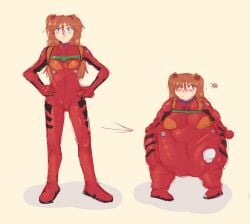 1girls asuka_langley_sohryu belly belly_button big_belly big_breasts blue_eyes blush bodysuit breasts brown_hair chubby clothes clothing comparing comparison fat fat_folds female female_only fully_clothed hand_on_belly large_breasts looking_away neon_genesis_evangelion overweight pivk00 shortstack size_comparison size_difference skin_tight skinsuit skintight solo thick_thighs thighs