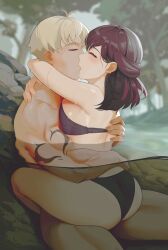 100wang arm_tattoo bikini black_swimsuit blonde_hair closed_eyes commission commissioner_upload gentle hi_res high_resolution highres kissing muscular_arms muscular_male muscular_thighs red_hair river romantic_couple rwby summer_rose taiyang_xiao_long wangxiii water_sex