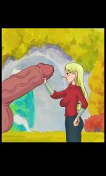 1girls big_breasts big_nose blonde_hair female female_focus giant_penis gigantic_penis grabbing_penis handjob king_bosse male ousama_ranking penis queen_hilling ranking_of_kings red_shirt size_difference unknown_artist veiny_penis