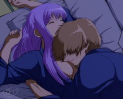 1boy 1girls alternate_costume brown_hair cleavage closed_eyes embrace face_in_breasts facial_hair female futon gintama goatee hair_over_eyes hattori_zenzou intimate kimono long_hair lying_on_person male mole_under_eye on_back on_bed pajamas purple_hair sarutobi_ayame sleeping upper_body wholesome