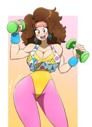 80's_theme blush breasts brown_eyes brown_hair cleavage earrings headband hi_res kobi-tfs kobi94 kobi_(kobi) large_hair leotard lifting_weights looking_at_viewer open_mouth original smiling_at_viewer toned_female