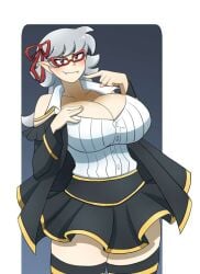 blush breasts cleavage emie_(kobi) finger_on_chin glasses hand_on_breast hi_res kobi-tfs kobi94 large_breasts long_hair original red_eyes silver_hair thick_thighs thighhighs vampire