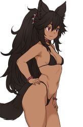 1girls :3 animal_ear_fluff animal_ears bangs bare_shoulders bikini black_bikini black_hair breasts cerberus_(houtengeki) collar cowboy_shot dark-skinned_female dog_ears dog_tail female female_only from_side hair_between_eyes hand_on_hip hi_res highleg highleg_bikini houtengeki long_hair looking_away navel no_nose original ponytail red_eyes simple_background small_breasts smile solo spiked_collar spikes stomach string_bikini swimsuit tagme tail very_long_hair white_background