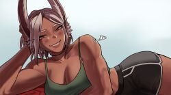 1girls breasts bunny_girl cleavage clothed dark-skinned_female dark_skin female fully_clothed gud0c miruko my_hero_academia one_eye_closed rumi_usagiyama smile solo sportswear sweat thighs white_hair winking_at_viewer yoga_pants