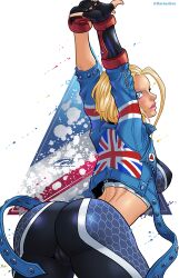 1girls ass bent_over blonde_hair blue_eyes cameltoe cammy_stretch cammy_white capcom darkereve dat_ass female female_only fully_clothed hi_res looking_at_viewer looking_back looking_back_at_viewer rear_view solo street_fighter street_fighter_6 stretching thick_thighs union_jack