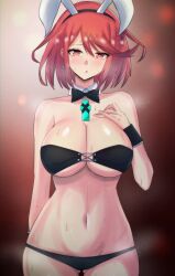 1girls 2022 bangs black_panties black_topwear blush bowtie breasts bunny_ears bunny_girl cleavage core_crystal detached_collar detached_cuffs earring embarrassed female female_only hi_res hips huge_breasts latte_daruta2 looking_at_viewer nintendo pyra red_eyes red_hair short_hair slim_waist solo steam steaming_body sweat sweaty_body swept_bangs thick_thighs thighs wide_hips xenoblade_(series) xenoblade_chronicles_2