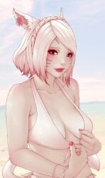 1girls animal_ears beach bikini bikini_pull blue_eyes blurry_background blush breasts cat_ears cat_tail day female female_focus final_fantasy final_fantasy_xiv freckles front-tie_bikini front-tie_top lipstick looking_at_viewer makeup miqo'te nail_polish outdoors red_nails short_hair solo soranamae swimsuit tail two_tone_hair whisker_markings white_hair