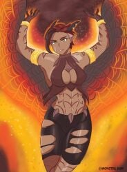 abs cleavage gijinka godzilla_(series) horns humanoid kaiju kaiju_girl monster_girl monster_shin monsterverse muscular_female pterosaur red_hair rodan rule_63 tagme torn_pants wings