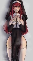 1futa big_breasts big_penis blush breasts bulge cat_eyes clothed clothing dokima fully_clothed futa_only futanari hips huge_breasts huge_cock human light-skinned_futanari light_skin long_hair nun penis red_hair solo standing thighhighs throbbing through_clothes twitch_lines wide_hips