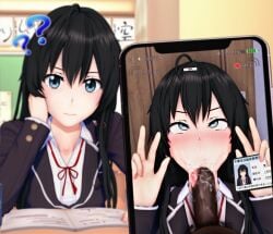 1girls 2boys 3d :>= ?? absurdres ahe_gao ahegao black_hair blue_eyes blush cellphone cellphone_picture censored cum_in_mouth dark-skinned_male ddd_(artist) double_v fellatio female highres huge_filesize id_card interracial juxtaposition koikatsu my_teen_romantic_comedy_snafu netorare penis phone_screen photo photo_comparison photographic_proof ruined_reputation school_uniform stray_pubic_hair tongue unaware v yukinoshita_yukino