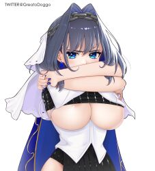 1girls 2022 absurdres areola areola_slip bangs black_skirt blue_bow blue_cape blue_eyes blue_nails bow bow_earrings breasts cape clothes_lift covered_nipples earrings female female_focus female_only greatodoggo grey_hair hair_intakes hands_up head_chain highres hololive hololive_english hololive_english_-council- hololive_english_-promise- jewelry large_breasts lifted_by_self looking_at_viewer medium_hair nail_polish ouro_kronii shirt_lift simple_background skirt solo solo_female underboob upper_body virtual_youtuber white_background