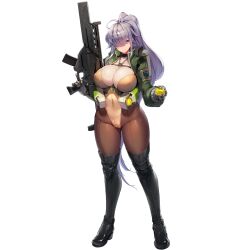 1girls ahoge assault_rifle blue_eyes boots breasts brown_legwear chest_strap explosive female full_body game_cg gloves grenade gun hair_over_one_eye highres huge_breasts last_origin leotard light-skinned_female light_skin long_hair official_art pantyhose ponytail purple_hair rifle snowball snowball22 solo t-20s_gnome tachi-e thigh_boots thighhighs transparent_background weapon yellow_leotard