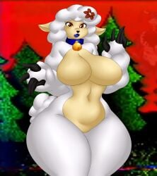 1girls 2022 absurd_res anthro big_breasts blue_tongue bovid caprine collar curvy detailed_background eyebrows_visible_through_hair fangs female female_only flower_in_hair furry heart_shaped_nose hi_res hourglass_figure kailyn looking_at_viewer mammal no_nipples open_mouth sha_(the_walten_files) sheep the_walten_files thick_thighs thin_eyebrows voluptuous white_fur wide_hips