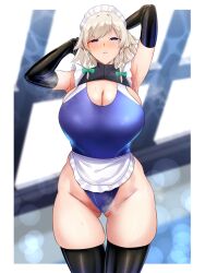 absurdres apron armpits arms_up ass_visible_through_thighs bangs black_gloves black_legwear blue_eyes blue_swimsuit blush breasts cleavage cowboy_shot elbow_gloves eyebrows_visible_through_hair female gloves highleg highleg_swimsuit highres large_breasts looking_at_viewer maid_headdress one-piece_swimsuit parted_lips sakuya_izayoi sinkai solo swimsuit that_pool thighhighs touhou white_apron white_headwear