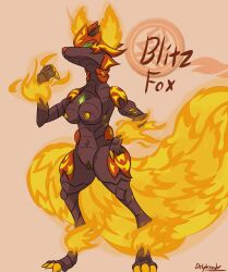 absurd_res anthro blitz_fox_(bakugan) breasts canid canine claws delphixander digitigrade female fire flame_pattern flaming_tail fox furry genitals hi_res looking_at_viewer mammal nipples pussy solo text