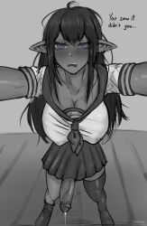 1futa big_breasts blush breasts clothed clothing cum_from_penis dark-skinned_futanari dark_skin dokima dripping_cum ejaculation elf elf_ears elf_female erection erection_under_skirt flustered futa_only futanari huge_breasts huge_cock humanoid humanoid_penis long_hair monochrome mostly_clothed penis pointy_ears pov precum purple_eyes school_uniform solo standing thighhighs twitch_lines violet_eyes