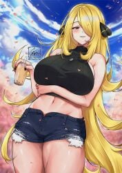 1girls abs arm_under_breasts bangs bare_shoulders belly_button big_breasts black_nails blonde_hair blush breasts chie00chan cloud crop_top cynthia_(pokemon) denim denim_shorts detailed_background female grey_eyes hair_ornament hair_over_one_eye hips huge_breasts large_breasts long_hair looking_at_viewer looking_down midriff nail_polish necklace outside pokemon ribbed_sweater shiny_skin shorts sky smile solo thick thick_thighs thighs waist wide_hips