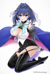 1girls 2022 :q absurdres black_gloves black_legwear blue_eyes blue_hair breasts chains cleavage detached_sleeves female female_focus female_only gloves greatodoggo hairband highres hololive hololive_english hololive_english_-council- hololive_english_-promise- looking_at_viewer ouro_kronii sitting skirt sleeves_past_wrists smile solo solo_female thighhighs tongue tongue_out veil virtual_youtuber