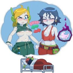 1boy 2girls big_breasts blonde_hair blush cave_story clothing_swap curly_brace dark_blue_hair darkbot dreaming highres loose_clothes magic misery_(cave_story) nipples pale_skin quote_(cave_story) robot_girl sleeping small_breasts wardrobe_malfunction