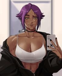 1girls abs armpits arms_up artist_name ass big_breasts big_butt bleach breasts choker dark_skin female fit_body gud0c long_hair looking_at_viewer muscular_arms muscular_female nose_ring ponytail purple_hair shihouin_yoruichi sideboob solo sweat sweatdrop sweating thick_ass thick_thighs thighs yellow_eyes