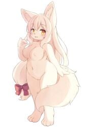 4_fingers 4_toes accessory anthro areola biped blush canid canine feet female fingers fox fur genitals hair hair_accessory hair_ribbon hairbow inner_ear_fluff looking_at_viewer mammal matsuura navel nipples nude open_mouth pussy ribbons simple_background solo standing_on_toes toes tuft white_background white_body white_fur white_hair yellow_eyes