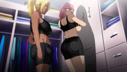 2d 2futas blush clover_(futa_fix) crop_top cyberunique dark-skinned_futanari dark_skin emily_(futa_fix) erection erection_under_clothes futa_fix_dick_dine_n_dash futa_only futanari gym light-skinned_futanari light_skin muscular muscular_futanari penis penis_under_clothes shirt_lift tagme