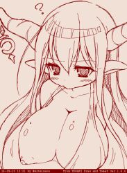 2015 blush danua granblue_fantasy horns huge_breasts long_hair miteinano monochrome one_breast_out pointy_ears very_long_hair