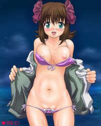 amami_haruka bikini blush breasts brown_hair clitoris_slip clothing coat erect_nipples green_eyes hair_ornament hair_ribbon idolmaster idolmaster_xenoglossia lowleg lowleg_bikini nanamo nipples open_clothes open_coat pantsu recording ribbon side-tie_bikini smile swimsuit underwear vagina