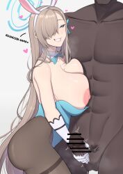 1boy animal_ears arm_length_gloves asuna_(blue_archive) asuna_(bunny)_(blue_archive) bar_censor bare_skin big_breasts blue_archive blue_clothes blue_clothing blue_eyes bunny_ears bunny_girl censored collar dark-skinned_male female gloves handjob huge_breasts large_breasts long_hair male penis smile stockings thick_thighs thighs