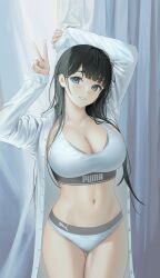 1girls big_breasts black_hair blue_eyes cute_face huge_breasts large_breasts posing puma_(company) round_breasts smile smiling smiling_at_viewer sports_bikini sports_bra sportswear thick_thighs white_clothing white_skin