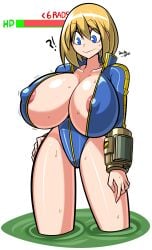 ?! areola_slip backsu bare_thighs bethesda_softworks big_breasts blonde_hair blue_eyes breast_expansion cleavage computer electronics fallout gameplay_mechanics health_bar huge_breasts leotard looking_down nipple_bulge pip-boy sweat sweating unzipped_bodysuit vault_girl wardrobe_malfunction wristwear