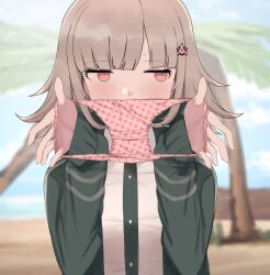 1girls bangs blush danganronpa danganronpa_2:_goodbye_despair embarrassed female female_only light_skin looking_away nanami_chiaki niizuka_(c-drop) outdoors outside panties pink_eyes pink_panties polka_dot polka_dot_panties presenting_removed_panties shy solo straight_hair taking_clothes_off underwear