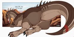 allosaur allosaurid allosaurus artist_name claws dinosaur dinosaur_girl dinosaur_tail dragons_and_drawings english_commentary english_text female feral huge_ass kyra_(dragons_and_drawings) looking_at_viewer looking_back lying_down original original_character sharp_teeth smile smiling spikes stripes teeth vore