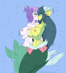 areolae big_breasts blue_eyes blush cala_maria cuphead_(game) curvaceous curvy exposed_breasts giga_mermaid green_skin huge_breasts kissing large_breasts mermaid purple_skin scar shantae shantae:_half-genie_hero tagme_(artist) topless wide_hips yuri zronku