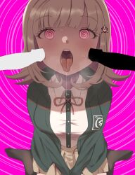 1girls 2boys bangs censored_penis danganronpa danganronpa_2:_goodbye_despair drooling eyelashes female female_focus hypnosis nanami_chiaki niizuka_(c-drop) open_mouth penis pink_eyes pink_hair saliva saliva_drip solo_focus spiral_eyes straight_hair sucking_penis tongue tongue_out wariza