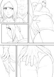 1boy 1girls ass ass_grab barefoot before_sex black_and_white bleach bra cheating cheating_wife chikan curtains duo duo_focus faceless faceless_male greyscale imminent_sex indoors inoue_orihime iwao178 japanese_text long_hair male/female male_with_female massage_table mature mature_female midriff milf molestation monochrome netorare oil oiled oiled_skin panties speech_bubble text touching_breast