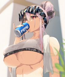 1girls 2022 bare_shoulders breasts cleavage clothing_cutout covered_nipples crop_top drinking dripping ear_piercing earrings female female_focus female_only gym_shirt hair_bun highres jewelry large_breasts looking_at_viewer original pepsi piercing pink_hair red_eyes satou_daiji shirt skindentation solo solo_female sweat sweatdrop towa_(towa_akqj10) towel underboob underboob_cutout upper_body virtual_youtuber