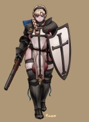 1futa areolae armor balls bangs big_breasts blonde_hair braid breasts clothed clothing flaccid futa_only futanari garter_belt garter_straps gun huge_balls huge_cock human inverted_nipples knight light-skinned_futanari light_skin nipples partially_clothed pelvic_curtain penis shield short_hair solo standing uncensored weapon ztyoho