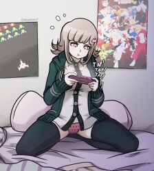 1girls angry bedroom bedsheets blonde_hair blush body_pillow danganronpa danganronpa_2:_goodbye_despair exposed_panties galaga gamer_girl gaming hoodie jacket kneeling legs_apart mosbles nanami_chiaki no_pants onomatopoeia panties pantyshot pillow pink_eyes pink_panties polka_dot polka_dot_panties poster psp puffy_face skirt_removed stockings straight_hair street_fighter thighhighs unmade_bed wholesome