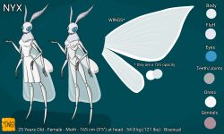 1girls 5:3 anthro arthropod dress english_text female female_only hi_res insects lepidopteran model_sheet moth nude nyx_(the_nameless_guy) reference_sheet skirt solo text the_nameless_guy wings