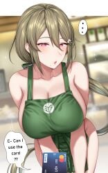 ... 1girls absurdres apron bare_shoulders blush breasts brown_hair cleavage collarbone credit_card english_text green_apron hair_between_eyes hair_ornament heart heart-shaped_pupils highres huge_breasts iced_latte_with_breast_milk leaning_forward long_hair looking_at_viewer low_ponytail meme mole mole_under_mouth motion_lines naked_apron open_mouth original purple_eyes solo speech_bubble spoken_ellipsis standing symbol-shaped_pupils trembling very_long_hair yakimi_27