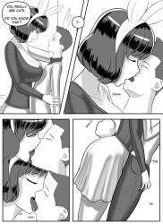 1boy 1girls ass_grab assertive assertive_female big_breasts black_hair breasts bunny_ears bunny_tail cleavage closed_eyes comic dialogue dress english_text fake_animal_ears fake_tail height_difference jahafl kissing medium_hair monochrome tagme taller_girl text tongue_kiss