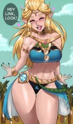 1girls 2022 blonde_hair breasts breath_of_the_wild dialogue echosaber english_text female gerudo_outfit hi_res hips hylian large_breasts long_ears long_hair nintendo outdoors pointy_ears princess princess_zelda royalty slim_waist smile solo speech_bubble talking_to_viewer text the_legend_of_zelda thick_thighs thighs thunder_thighs wide_hips zelda_(breath_of_the_wild)