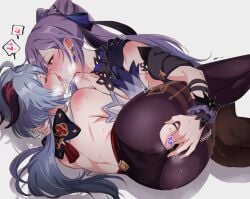 2girls bare_back blue_hair blush censored closed_eyes fingering french_kiss ganyu_(genshin_impact) genshin_impact goat_horns grey_background hair_cones heart heart_censor horns keqing_(genshin_impact) keqing_(opulent_splendor)_(genshin_impact) kissing long_hair looking_at_another multiple_girls negom official_alternate_costume pantyhose purple_hair pussy_juice pussy_juice_trail saliva shoulder_blush simple_background spoken_heart sweat tongue tongue_out torn_clothes torn_legwear yuri