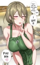 1girls absurdres apron bare_shoulders blush breasts brown_hair cleavage collarbone english_text green_apron hair_between_eyes hair_ornament hand_up heart heart-shaped_pupils highres huge_breasts iced_latte_with_breast_milk index_finger_raised leaning_forward long_hair looking_at_viewer low_ponytail meme mole mole_under_mouth motion_lines naked_apron open_mouth original purple_eyes solo speech_bubble spoken_heart standing symbol-shaped_pupils very_long_hair yakimi_27