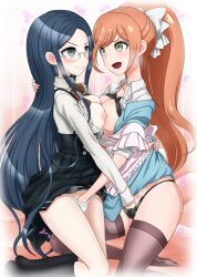 2girls alternate_version_available blouse breasts danganronpa danganronpa_3 danganronpa_v3 exposed_breasts female_only fingering lingerie multiple_girls nipples shirogane_tsumugi shirt stockings straight_hair urokozuki yukizome_chisa yuri