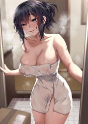 :d after_bathing bare_arms bare_shoulders black_hair blue_eyes blush box breasts cardboard_box cleavage collarbone covered_nipples cowboy_shot doorway female female_pubic_hair highres indoors jack_dempa large_breasts looking_at_viewer miyamae_shiho_(jack_dempa) mole mole_on_arm mole_under_eye naked_towel nipples_visible_through_clothing open_door original parted_lips pov pubic_hair pubic_hair_peek reward_available see-through short_hair short_ponytail smile solo steaming_body towel wet wet_hair